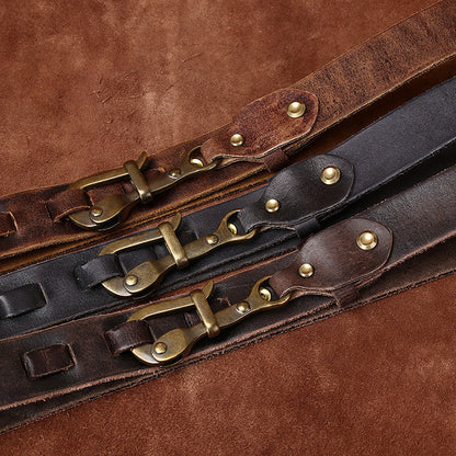 Handmade Retro Leather Men's Belt, American Workwear Style Brass Hook Buckle Distressed Belt