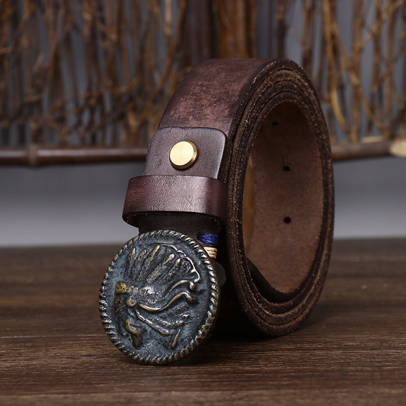 Vintage Indian Head Buckle Men's Genuine Leather Belt, Distressed Full-Grain Leather Casual Workwear Belt