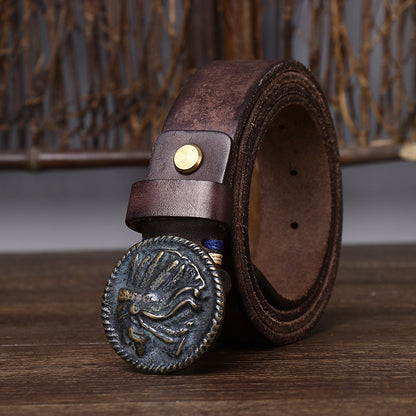 Vintage Indian Head Buckle Men's Genuine Leather Belt, Distressed Full-Grain Leather Casual Workwear Belt