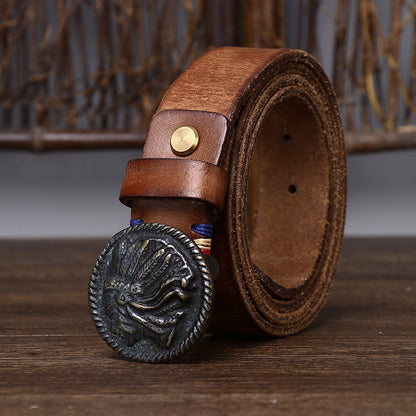 Vintage Indian Head Buckle Men's Genuine Leather Belt, Distressed Full-Grain Leather Casual Workwear Belt