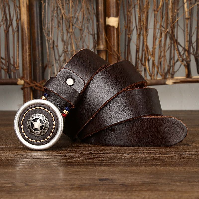 Vintage Distressed Full-Grain Leather Men's Belt, Star Metal Buckle Workwear Style Personality Belt