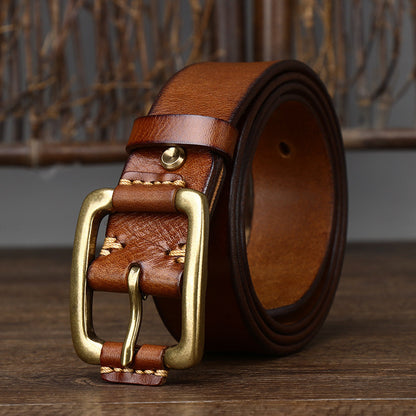 Vintage Distressed Men's Genuine Leather Belt, Classic Metal Buckle, Highlighting Retro Trendy Charm