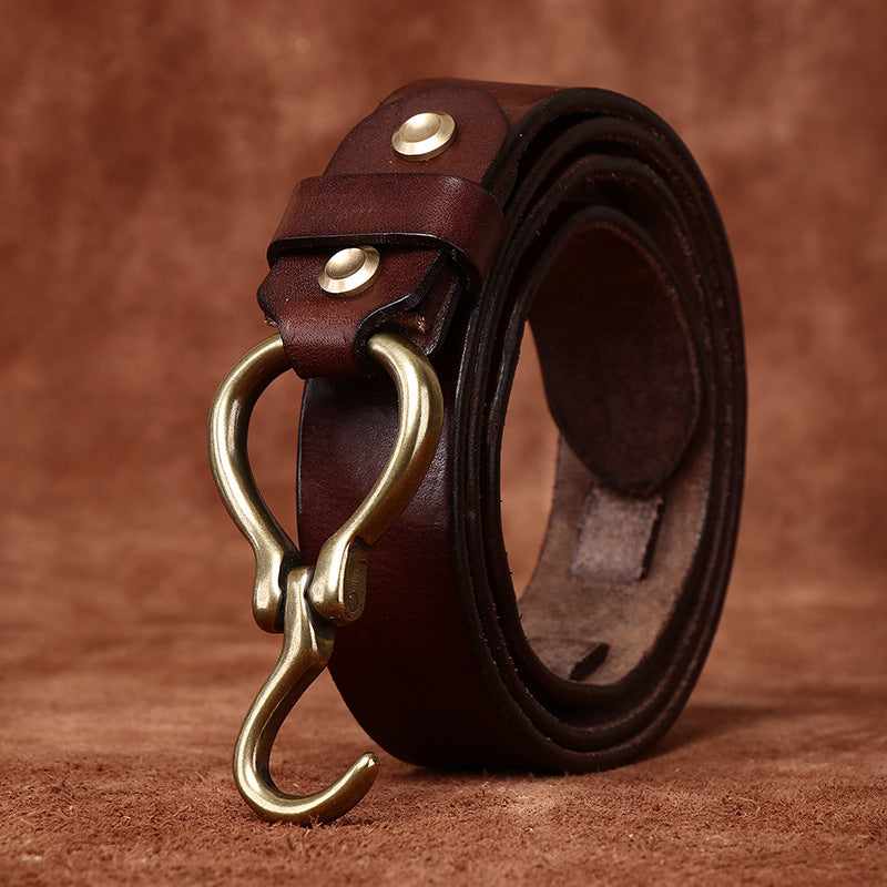 Vintage Distressed Men's Genuine Leather Belt, Unique Hook - Shaped Buckle, Fully Show Rugged and Uninhibited Style