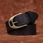 Retro Style Men's Cowhide Belt, Plaid Embossed Antique Copper Buckle Multi-Color Casual Waistband