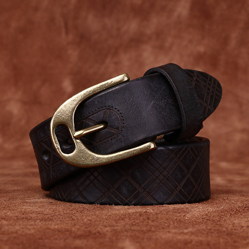 Retro Style Men's Cowhide Belt, Plaid Embossed Antique Copper Buckle Multi-Color Casual Waistband