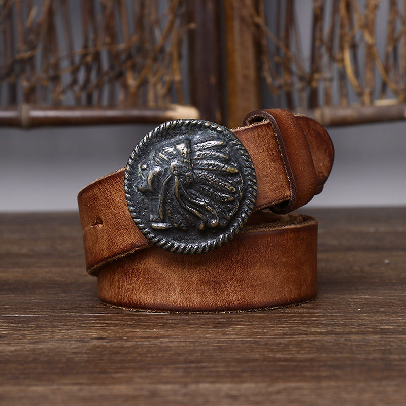 Vintage Indian Head Buckle Men's Genuine Leather Belt, Distressed Full-Grain Leather Casual Workwear Belt