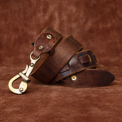 Handmade Retro Leather Men's Belt, American Workwear Style Brass Hook Buckle Distressed Belt