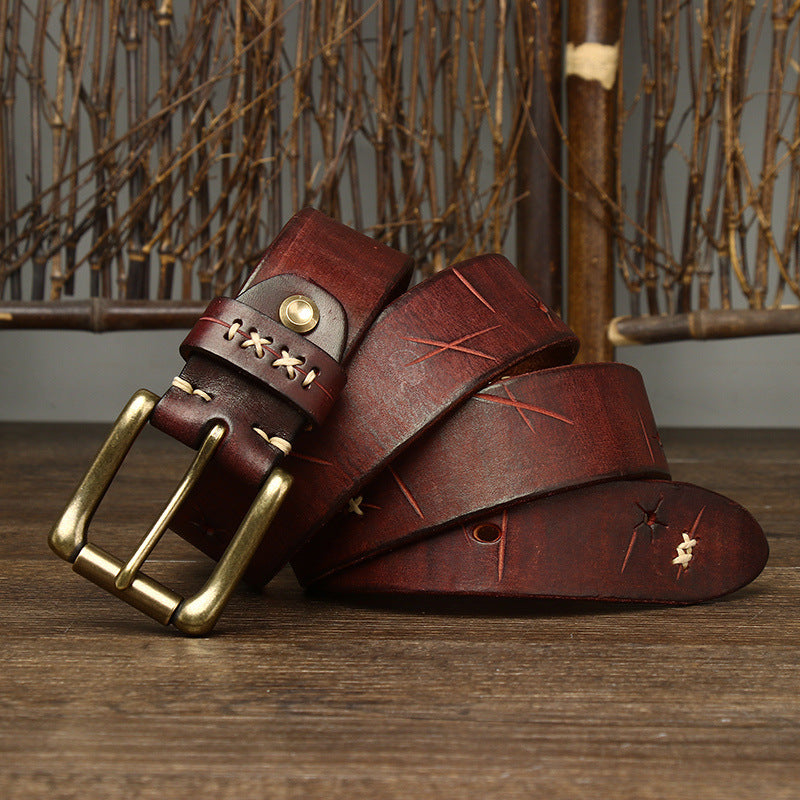 Vintage Distressed Men's Belt with Hand - Stitching