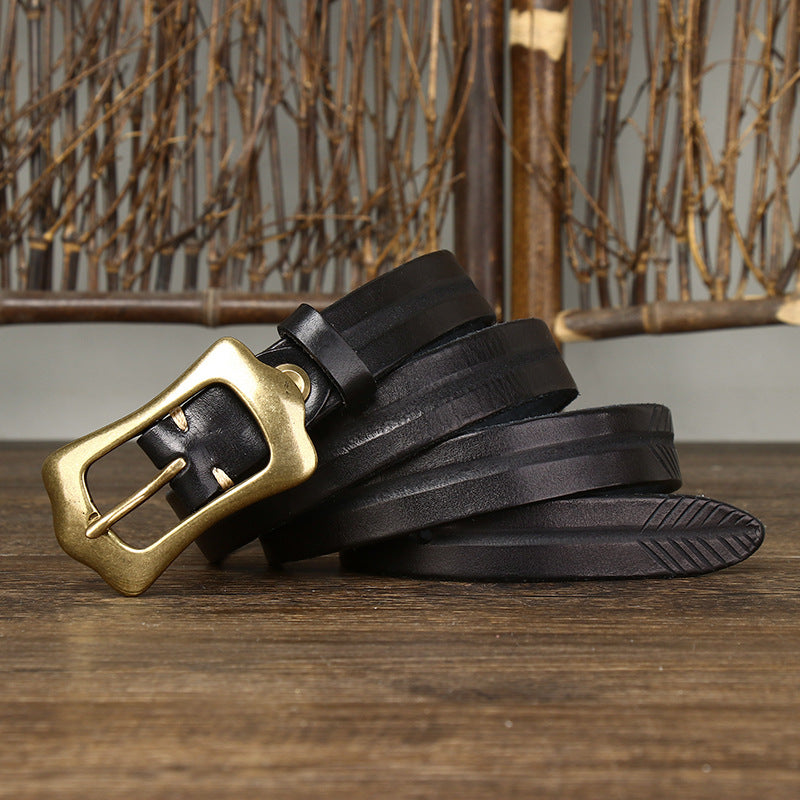 Retro Distressed Men's Genuine Leather Belt, Unique Wave Copper Buckle Hand-Embossed Belt