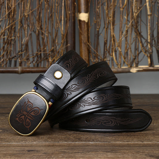 Men's Vintage Carved Genuine Leather Belt, With Unique Buckle, Showing Distinctive Style