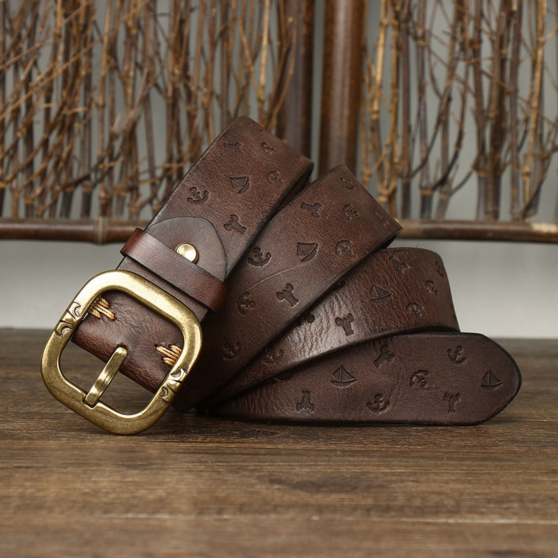 Men's Genuine Leather Belt with Bold Texture, Matte Metal Buckle Shapes a Stylish Silhouette
