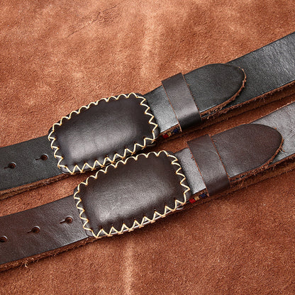 Hand-Stitched Vintage Men's Belt, Genuine Leather Retro Style Waist Strap