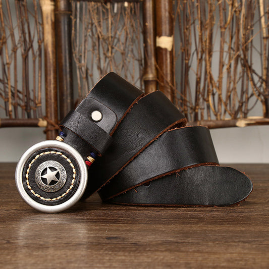 Vintage Distressed Full-Grain Leather Men's Belt, Star Metal Buckle Workwear Style Personality Belt