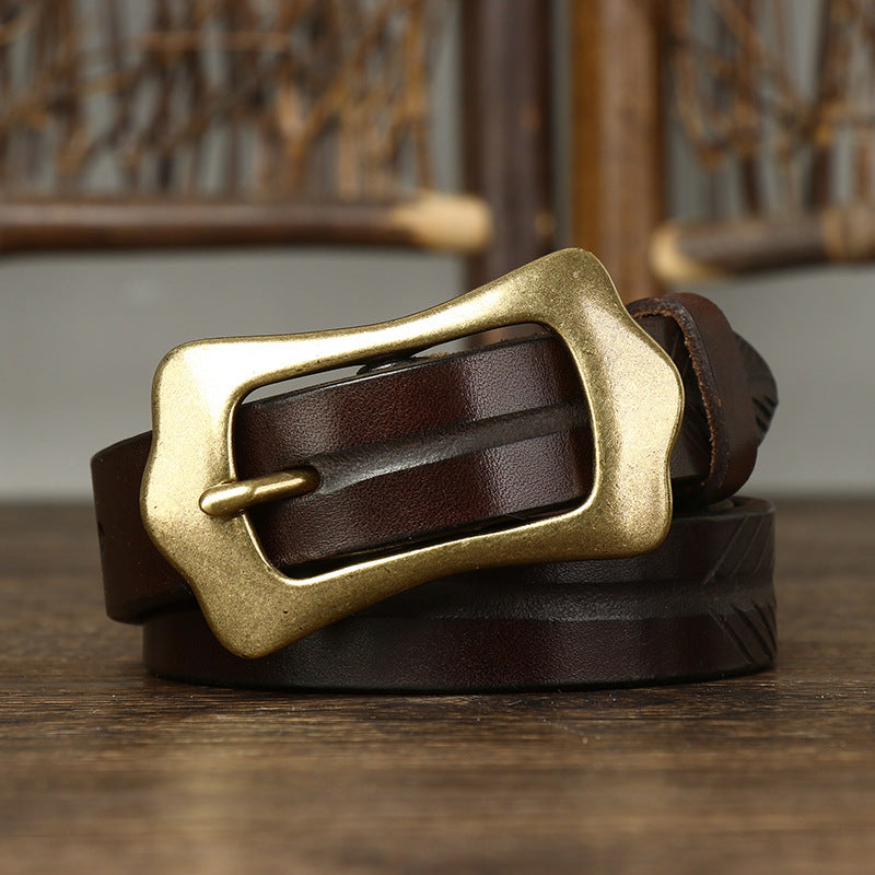 Retro Distressed Men's Genuine Leather Belt, Unique Wave Copper Buckle Hand-Embossed Belt