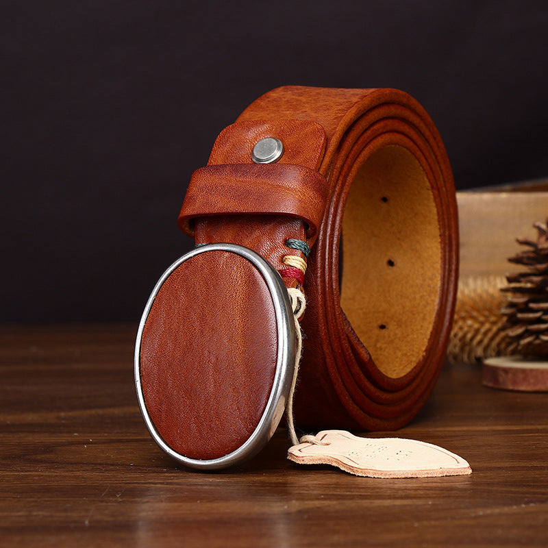 Black Genuine Leather Men's Belt, Oval Buckle Casual Waistband