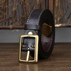 Retro Distressed Men's Genuine Leather Belt, Antique Copper Square Buckle with Contrast Stitching for Workwear Style