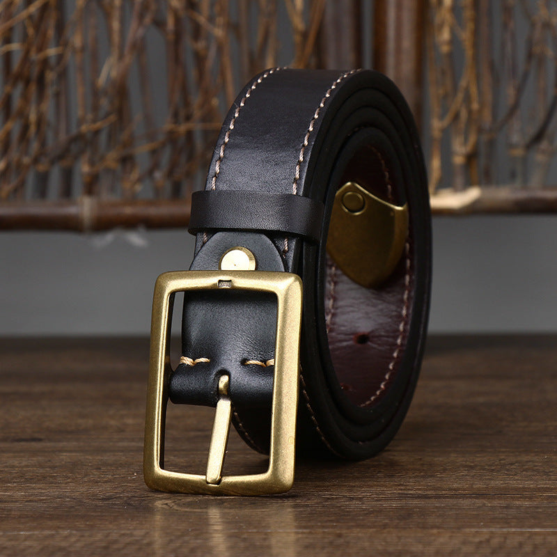 Retro Distressed Men's Genuine Leather Belt, Antique Copper Square Buckle with Contrast Stitching for Workwear Style