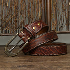 Retro Distressed Men's Genuine Leather Belt, Antique Copper Hammered Buckle with Contrast Stitching Workwear Belt