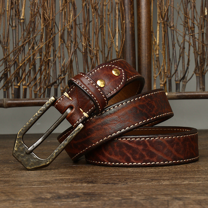 Retro Distressed Men's Genuine Leather Belt, Antique Copper Hammered Buckle with Contrast Stitching Workwear Belt