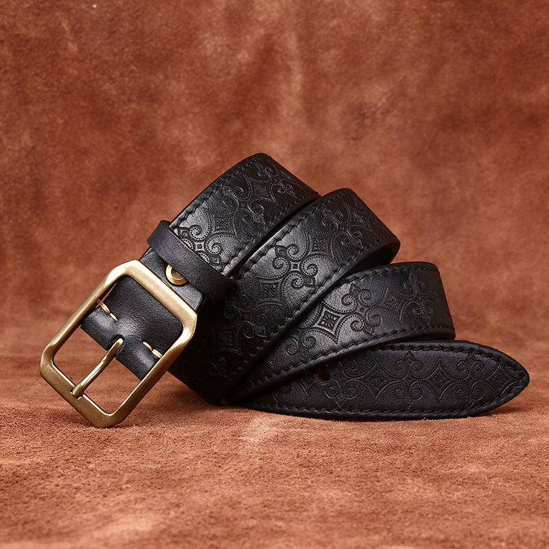 Retro Engraved Men's Genuine Leather Belt, Copper Square Buckle Vintage Craft Personality Belt