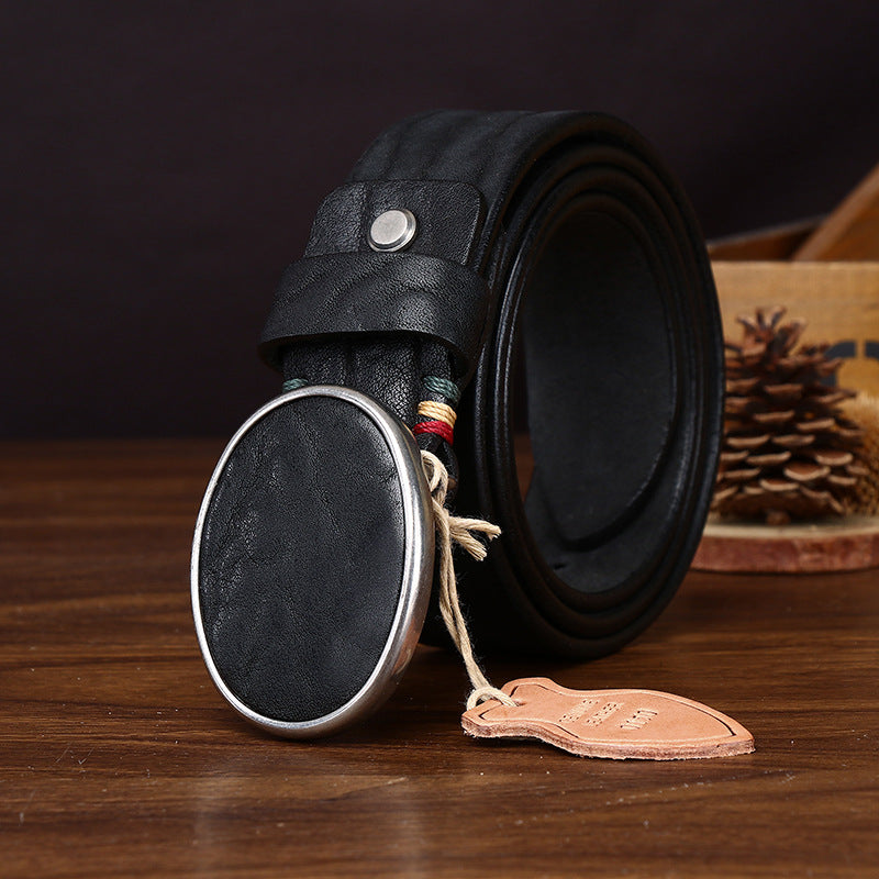 Black Genuine Leather Men's Belt, Oval Buckle Casual Waistband