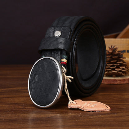 Black Genuine Leather Men's Belt, Oval Buckle Casual Waistband