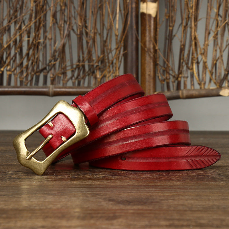 Retro Distressed Men's Genuine Leather Belt, Unique Wave Copper Buckle Hand-Embossed Belt