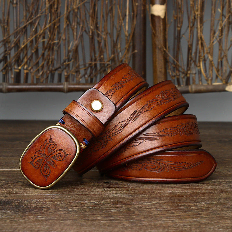 Men's Vintage Carved Genuine Leather Belt, With Unique Buckle, Showing Distinctive Style