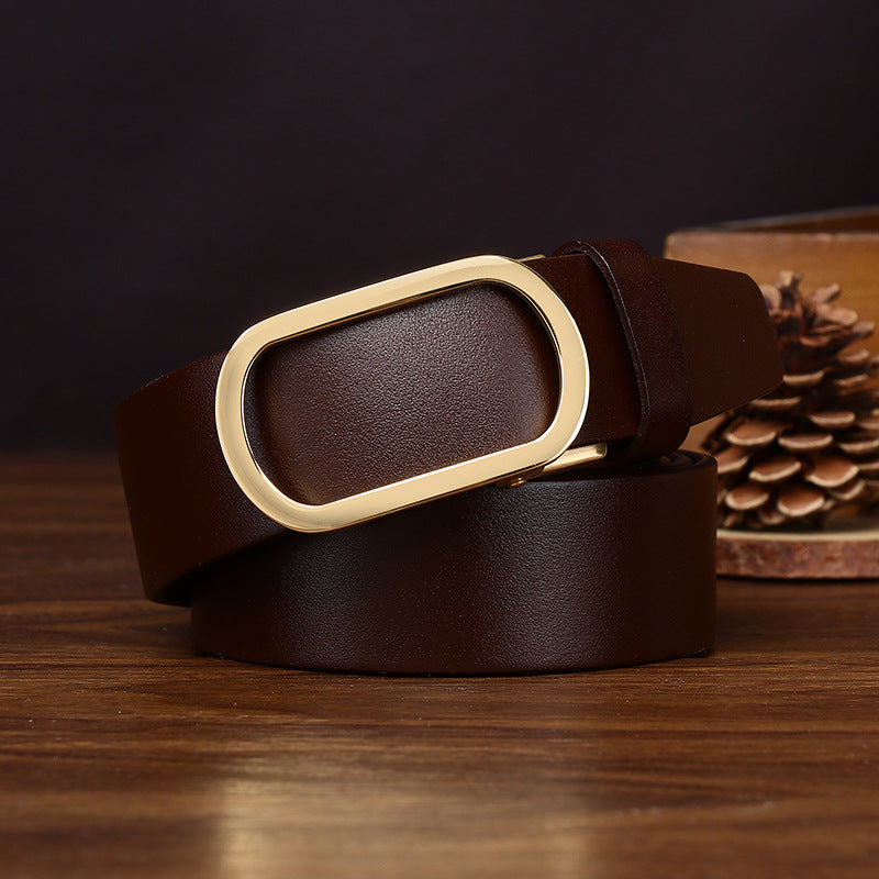 Minimalist and Stylish Men's Genuine Leather Belt with Gold Oval Buckle for Business and Casual Wear