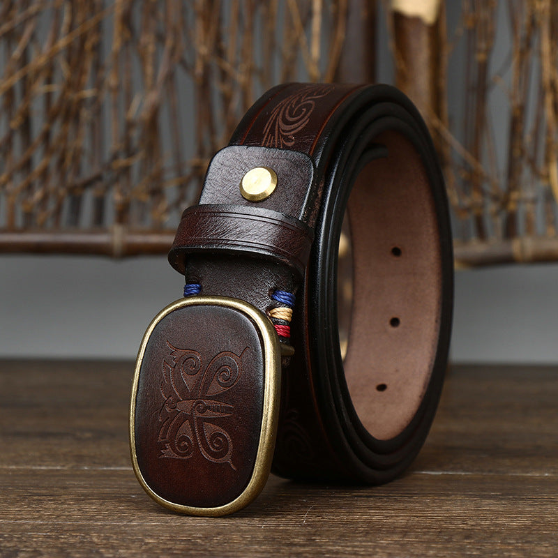 Men's Vintage Carved Genuine Leather Belt, With Unique Buckle, Showing Distinctive Style