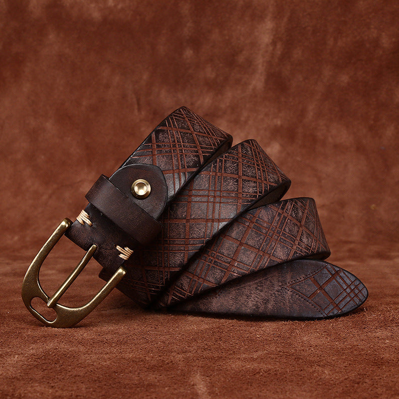 Retro Style Men's Cowhide Belt, Plaid Embossed Antique Copper Buckle Multi-Color Casual Waistband