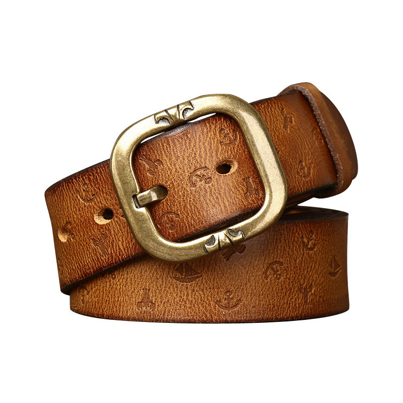 Men's Genuine Leather Belt with Bold Texture, Matte Metal Buckle Shapes a Stylish Silhouette