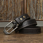 Retro Distressed Men's Genuine Leather Belt, Antique Copper Hammered Buckle with Contrast Stitching Workwear Belt
