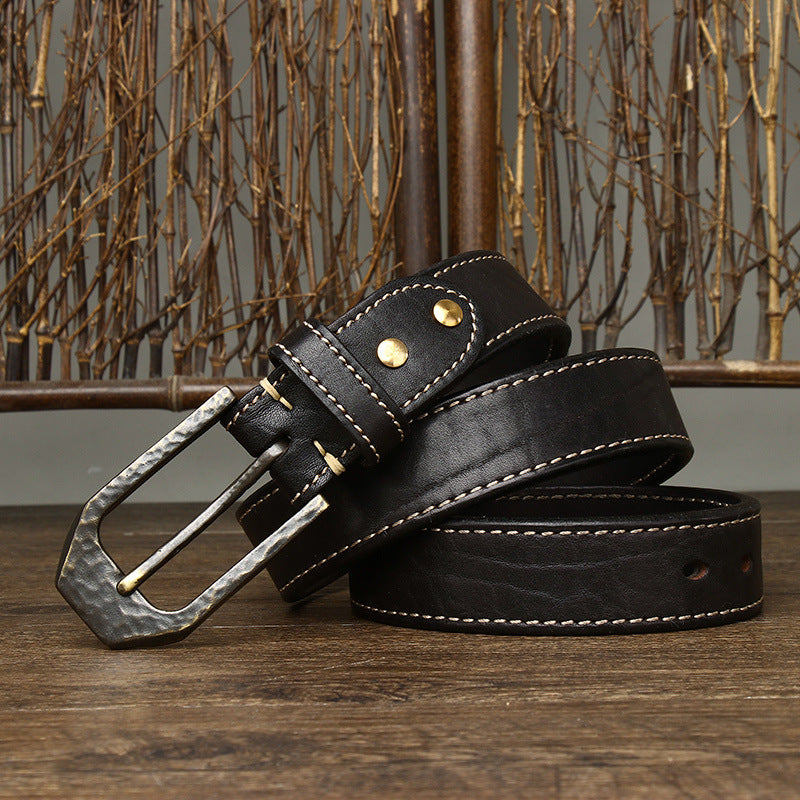 Retro Distressed Men's Genuine Leather Belt, Antique Copper Hammered Buckle with Contrast Stitching Workwear Belt