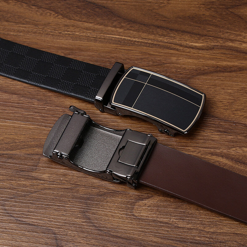 Men's Business Automatic Buckle Belt, Checkered Embossed Genuine Leather Belt, Light Luxury Metal Buckle Essential for Office Outfits