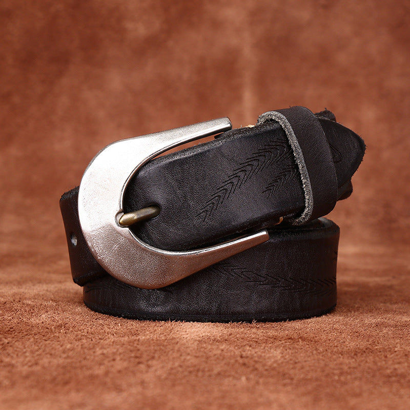 Retro Style Men's Cowhide Belt, Feather Embossed Metal Buckle Multi-Color Casual Waistband
