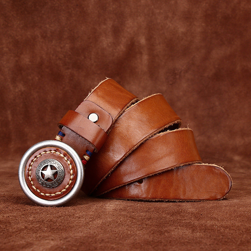 Vintage Distressed Full-Grain Leather Men's Belt, Star Metal Buckle Workwear Style Personality Belt