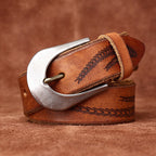 Retro Style Men's Cowhide Belt, Feather Embossed Metal Buckle Multi-Color Casual Waistband