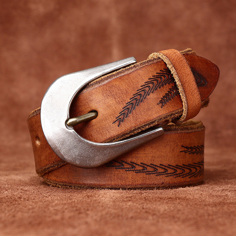 Retro Style Men's Cowhide Belt, Feather Embossed Metal Buckle Multi-Color Casual Waistband