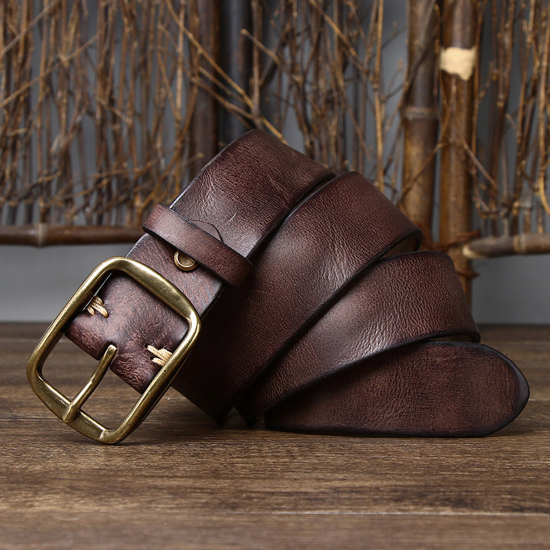 Vintage Distressed Men's Genuine Leather Belt, Classic Metal Buckle, Fully Show Retro Trendy Style