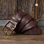 Vintage Distressed Men's Genuine Leather Belt, Classic Metal Buckle, Fully Show Retro Trendy Style