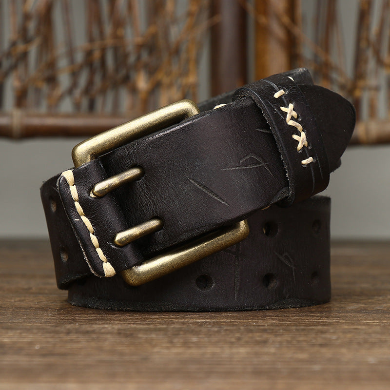 Vintage Distressed Men's Genuine Leather Belt, with Unique Stitching and Metal Buckle, Creating a Retro Trendy Style