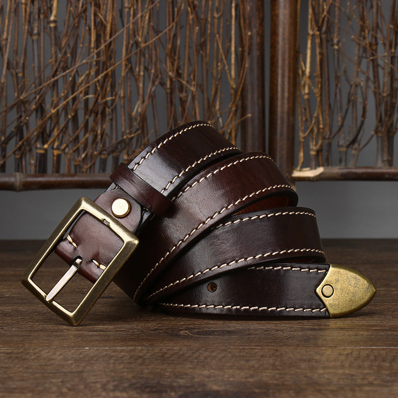 Retro Distressed Men's Genuine Leather Belt, Antique Copper Square Buckle with Contrast Stitching for Workwear Style