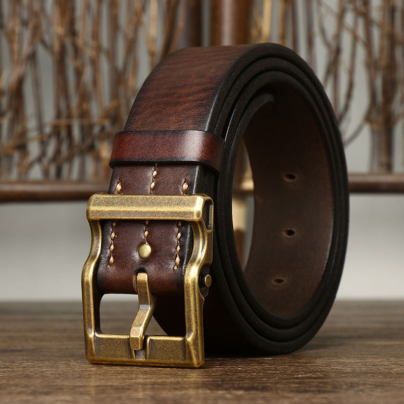 Tough Guy Style Men's Genuine Leather Belt, Bold Metal Buckle Interprets Uninhibited Charm