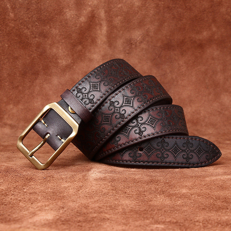 Retro Engraved Men's Genuine Leather Belt, Copper Square Buckle Vintage Craft Personality Belt