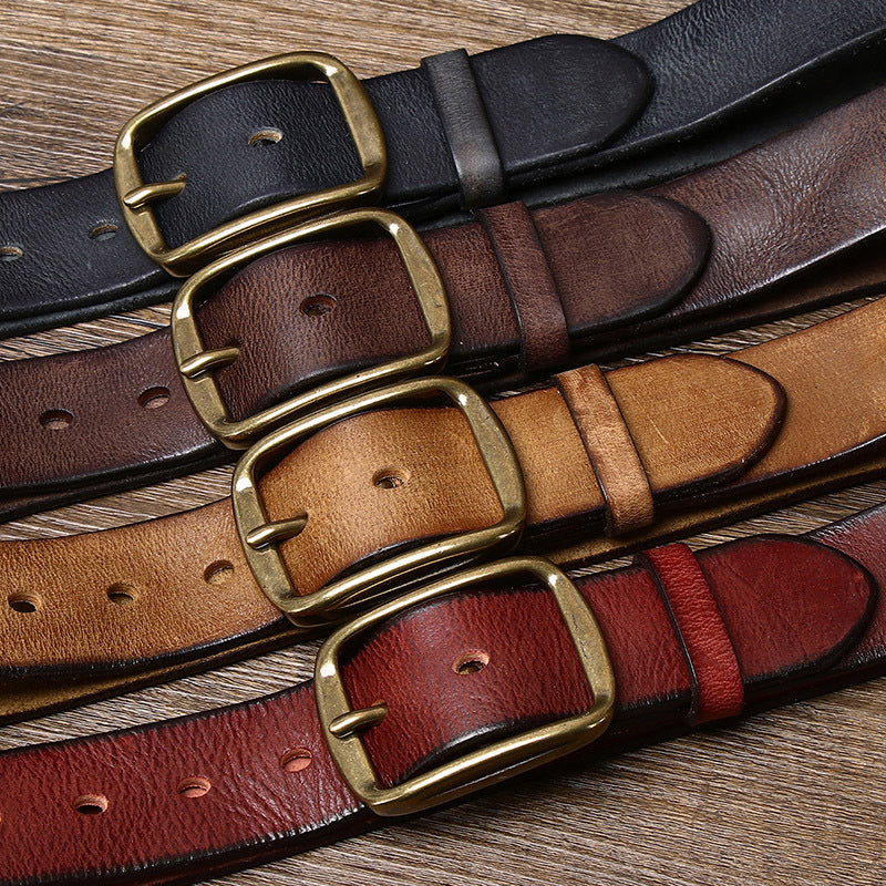 Vintage Distressed Men's Genuine Leather Belt, Classic Metal Buckle, Fully Show Retro Trendy Style