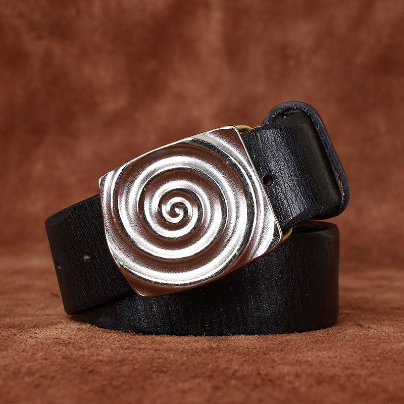 Retro Style Men's Cowhide Belt, Spiral Pattern Metal Buckle Multi-Color Trendy Waistband
