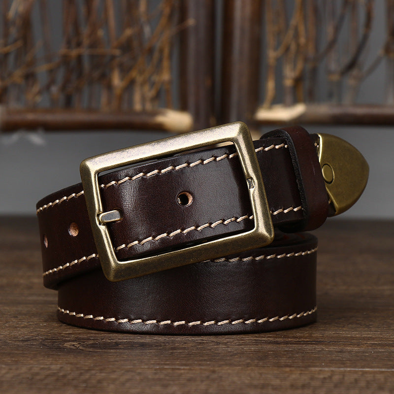 Retro Distressed Men's Genuine Leather Belt, Antique Copper Square Buckle with Contrast Stitching for Workwear Style