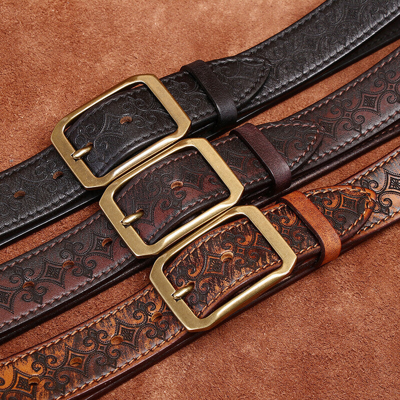 Retro Engraved Men's Genuine Leather Belt, Copper Square Buckle Vintage Craft Personality Belt