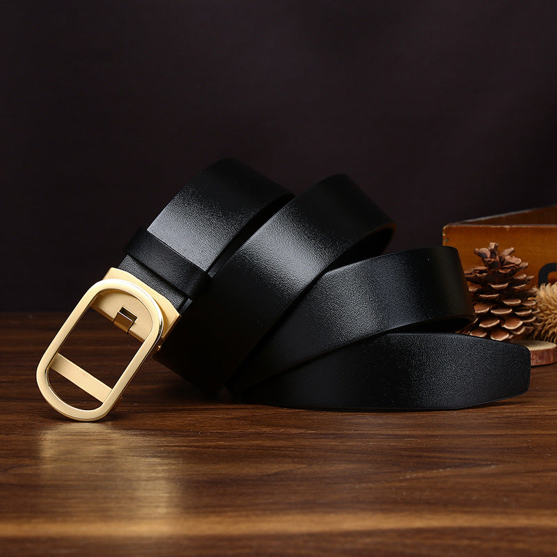 Minimalist and Stylish Men's Genuine Leather Belt with Gold Oval Buckle for Business and Casual Wear